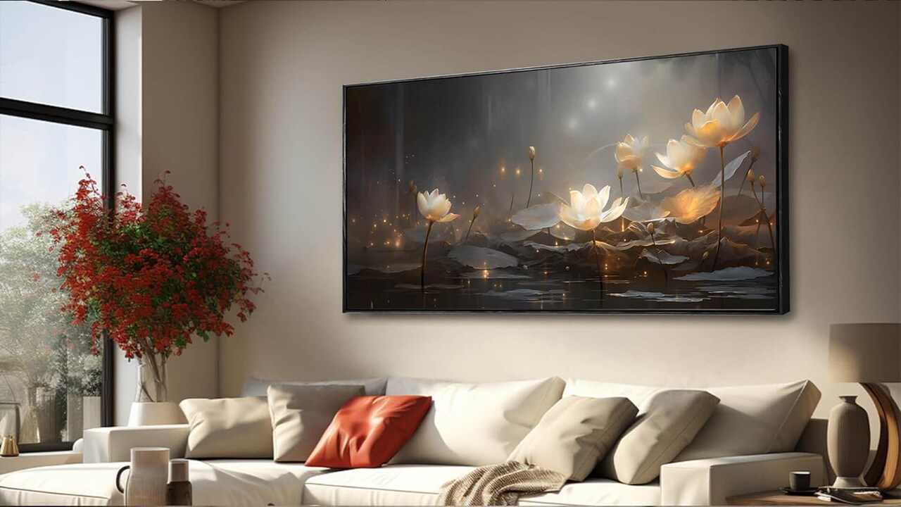 Flower Wall Decor Living Room Decor Modern Artwork 24"x 48" Gold and White Wall Art Floral Large Black Framed Plants Paintings Room Decor